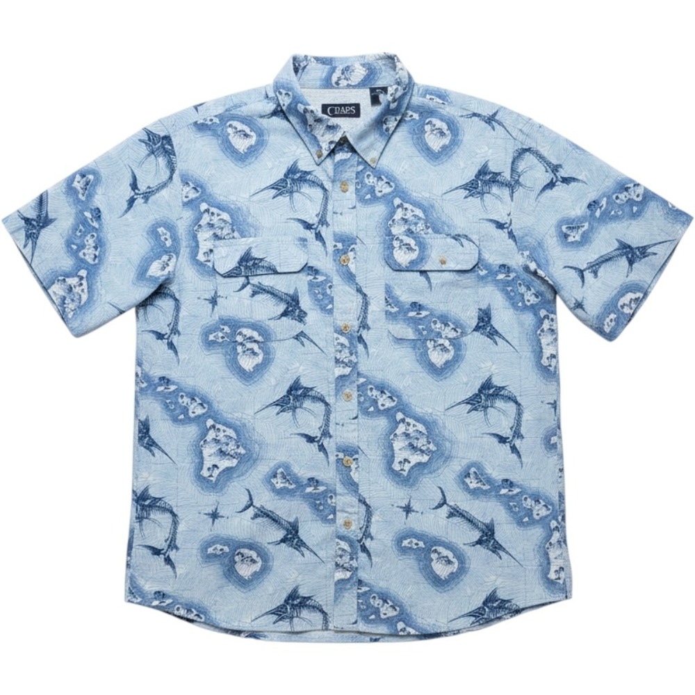 Chaps Marlin Fish Island Print Shirt Mens Large Blue Good Short Sleeve Button Up